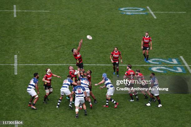 Luke Whitelock of Canterbury competes at the lineout during the Round 5 Mitre 10 Cup match between Auckland and Canterbury at Eden Park on September...