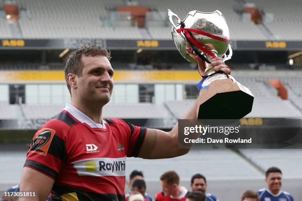 Luke Whitelock of Canterbury with the Supporters Club Trophy after victory in the Round 5 Mitre 10 Cup match between Auckland and Canterbury at Eden...