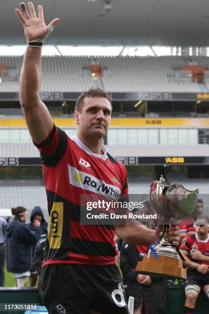 Luke Whitelock of Canterbury with the Supporters Club Trophy after victory in the Round 5 Mitre 10 Cup match between Auckland and Canterbury at Eden...