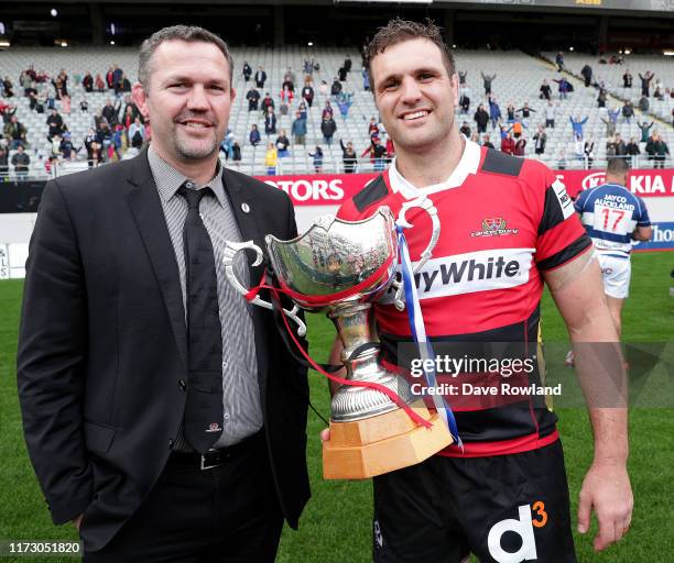 Assistant coach Reuben Thorne and Luke Whitelock of Canterbury with the Supporters Club Trophy after victory in the Round 5 Mitre 10 Cup match...