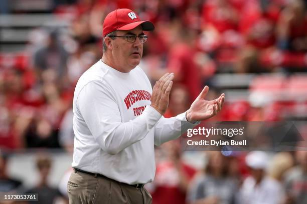 Head coach Paul Chryst of the Wisconsin Badgers looks on before the game against the Central Michigan Chippewas at Camp Randall Stadium on September...