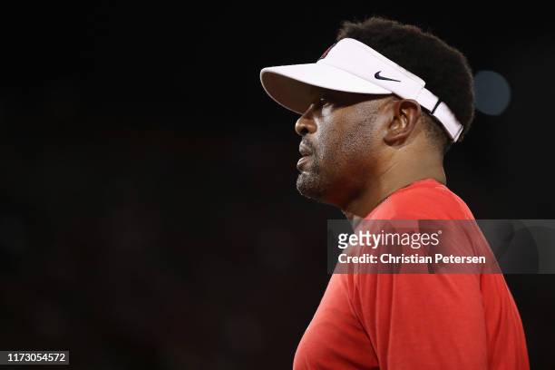 Head coach Kevin Sumlin of the Arizona Wildcats watches from the sidelines during the NCAAF game against the Northern Arizona Lumberjacks at Arizona...