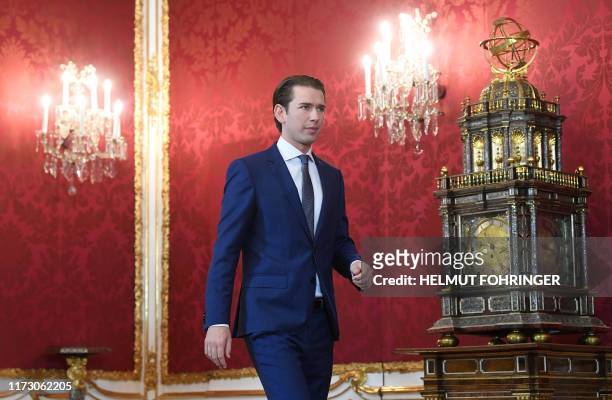 Former Chancellor and head of Austrian People's party Sebastian Kurz leabves after talks with Austria's President on October 2, 2019 at the Hofburg...