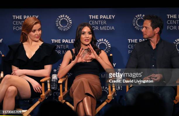 Kennedy McMann, Maddison Jaizani and Scott Wolf of "Nancy Drew" appear on stage at The Paley Center for Media's 2019 PaleyFest Fall TV Previews - The...