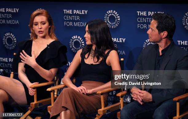 Kennedy McMann, Maddison Jaizani and Scott Wolf of "Nancy Drew" appear on stage at The Paley Center for Media's 2019 PaleyFest Fall TV Previews - The...