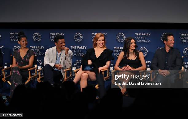 Leah Lewis, Tunji Kasim, Kennedy McMann, Maddison Jaizani and Scott Wolf of "Nancy Drew" appear on stage at The Paley Center for Media's 2019...