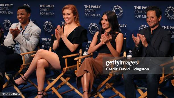 Tunji Kasim, Kennedy McMann, Maddison Jaizani and Scott Wolf of "Nancy Drew" appear on stage at The Paley Center for Media's 2019 PaleyFest Fall TV...