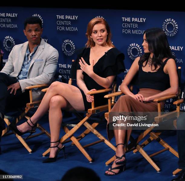 Tunji Kasim, Kennedy McMann and Maddison Jaizani of "Nancy Drew" appear on stage at The Paley Center for Media's 2019 PaleyFest Fall TV Previews -...