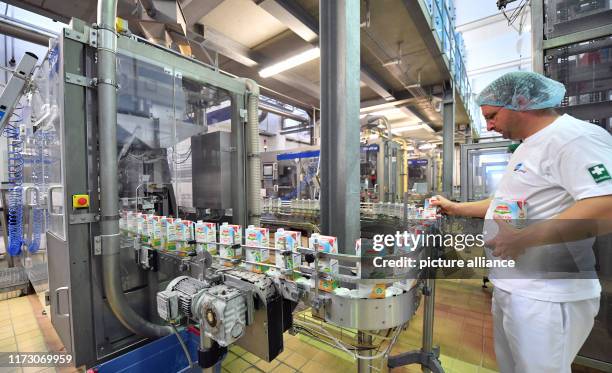 October 2019, Thuringia, Erfurt: Low-fat UHT milk is filled into cartons at DMK Deutsches Milchkontor GmbH's Erfurt plant. Production at this...