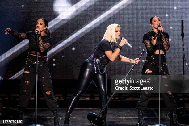 Bebe Rexha performs in support of the Jonas Brothers Happiness Begins Tour at Little Caesars Arena on September 07, 2019 in Detroit, Michigan.