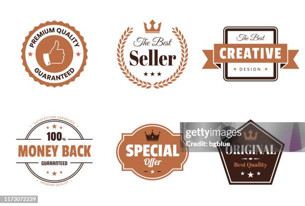 ilustrações de stock, clip art, desenhos animados e ícones de set of brown badges and labels - design elements - quality service
