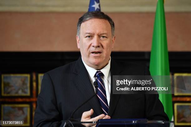 Secretary of State Mike Pompeo speaks during a joint press conference with Italy's Foreign Minister following their meeting at Villa Madama in Rome...