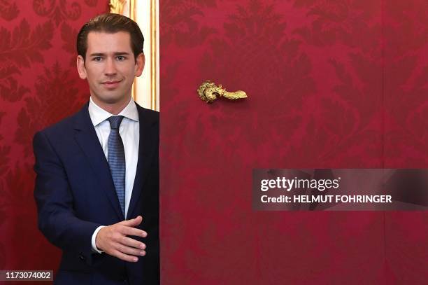 Former Chancellor and head of Austrian People's party Sebastian Kurz leaves after talks with Austria's President on October 2, 2019 at the Hofburg in...