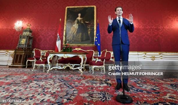 Former Chancellor and head of Austrian People's party Sebastian Kurz speaks to the media after talks with Austria's President on October 2, 2019 at...