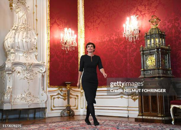 The chairwoman of the Social Democratic Party Pamela Rendi-Wagner leaves after talks with Austria's President on October 2, 2019 at the Hofburg in...