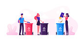 Group of People City Dwellers Throw Garbage to Recycle Litter Bins for Glass, Metal and Organic Waste. Environmental Protection Concept. Sort Recycle and Segregation Cartoon Flat Vector Illustration
