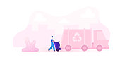 Municipal Recycling Service Worker Wearing Uniform Loading Litter Bin to Garbage Truck for Transportation on Recycle Utilization Factory. Cleaning Company Employee Cartoon Flat Vector Illustration