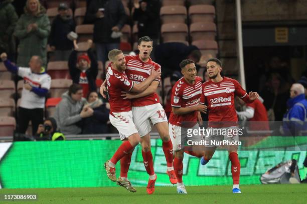 Middlesbrough's Paddy McNair celebrates after they scores the equalising goal during the Sky Bet Championship match between Middlesbrough and Preston...