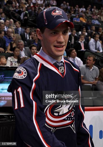 Boone Jenner, drafted 37th overall by the Columbus Blue Jackets, looks on during day two of the 2011 NHL Entry Draft at Xcel Energy Center on June...
