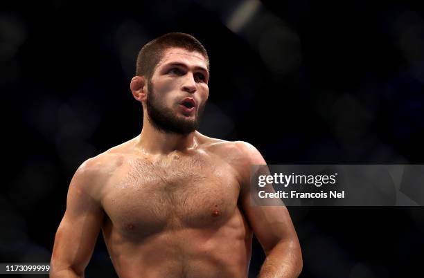 Khabib Nurmagomedov of Russia lokks on against Dustin Poirier of United States in their Lightweight Title Bout during the UFC 242 event at The Arena...