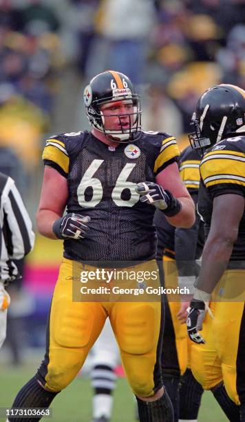 Offensive lineman Alan Faneca of the Pittsburgh Steelers talks to a teammate during a game against the Houston Texans at Heinz Field on December 8,...