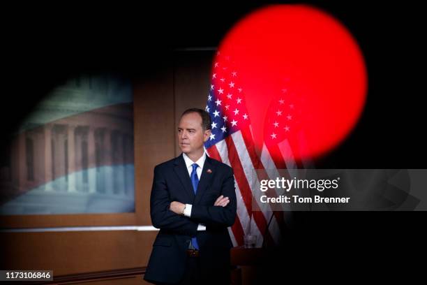 House Intelligence Committee Chairman Adam Schiff looks on during a weekly news conference held by House Speaker Nancy Pelosi on October 2 on Capitol...