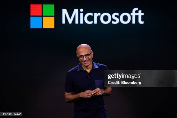 Satya Nadella, chief executive officer of Microsoft Corp., speaks during a Microsoft product event in New York, U.S., on Wednesday, Oct. 2, 2019....