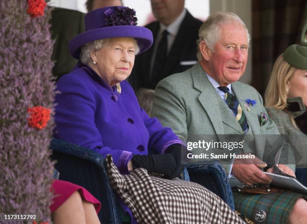 Queen Elizabeth II and Prince Charles, Prince of Wales attend the 2019 Braemar Highland Games on September 07, 2019 in Braemar, Scotland.