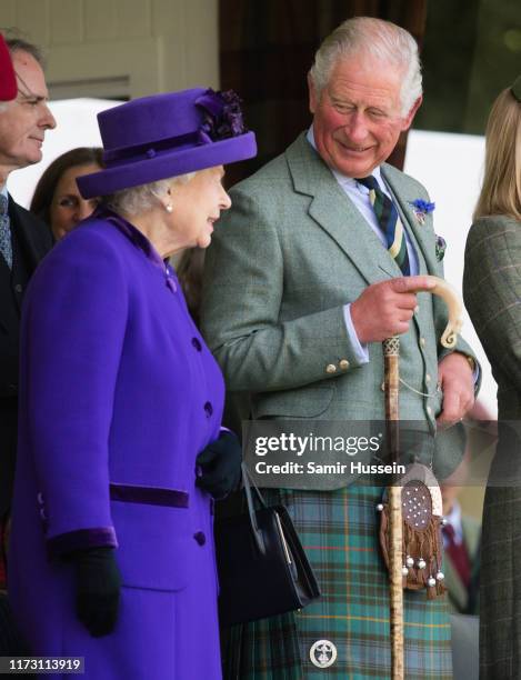 Queen Elizabeth II and Prince Charles, Prince of Wales attend the 2019 Braemar Highland Games on September 07, 2019 in Braemar, Scotland.