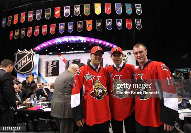 Draft picks Stefan Noesen, Mika Zibanejad and Fredrik Claesson of the Ottawa Senators pose during day two of the 2011 NHL Entry Draft at Xcel Energy...