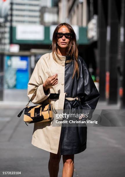 Chloé Harrouche is seen wearing two tone coat outside Self-Portrait during New York Fashion Week September 2019 on September 07, 2019 in New York...