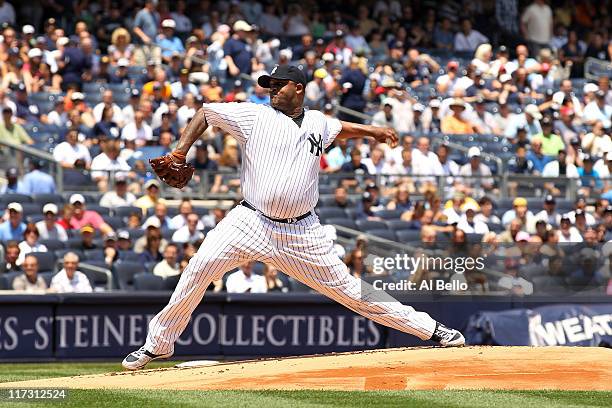 Sabathia of the New York Yankees pitches against the Colorado Rockies during their game on June 25, 2011 at Yankee Stadium in the Bronx borough of...