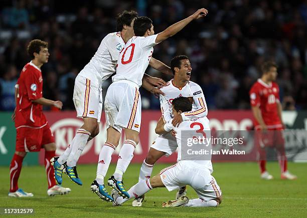 Thiago Alcantara of Spain celebrates scoring agoal during their UEFA European U21 Championship Final match between Switzerland and Spain at the...