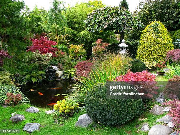 jardim japonês com koi-pond - japanese statue imagens e fotografias de stock