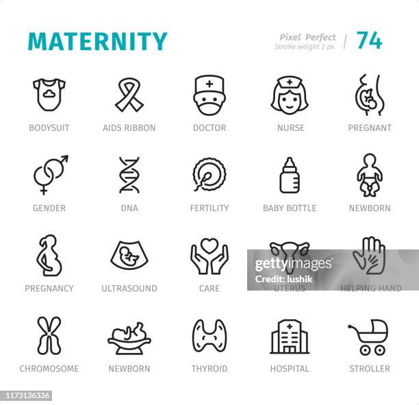 mutterschaft - pixel perfect liniensymbole mit beschriftungen - womens issues stock-grafiken, -clipart, -cartoons und -symbole