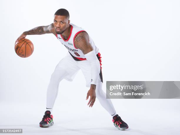 Damian Lillard of the Portland Trail Blazers poses for a portrait during Media Day September 30, 2019 at the Veterans Memorial Coliseum Portland,...