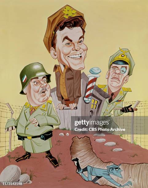 An illustration depicts characters from Hogan's Heroes, a CBS television WWII prisoner of war camp situation comedy. The characters in the...