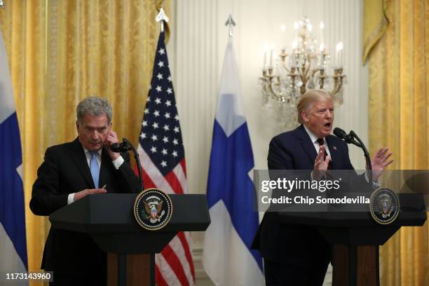 President Donald Trump and Finnish President Sauli Niinisto hold a joint news conference in the East Room of the White House October 02, 2019 in...