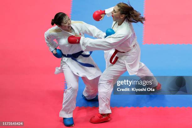 Ayumi Uekusa of Japan and Clio Ferracuti of Italy compete in the Women’s Kumite +68kg final on day three of the Karate 1 Premier League at Nippon...