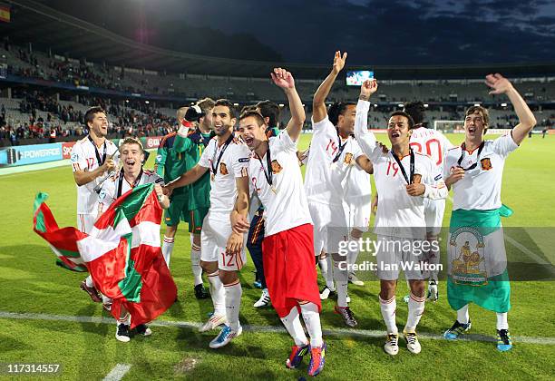 Spain team lifts the winners trophy after their 2-0 victory in the UEFA European U21 Championship Final match between Switzerland and Spain at the...