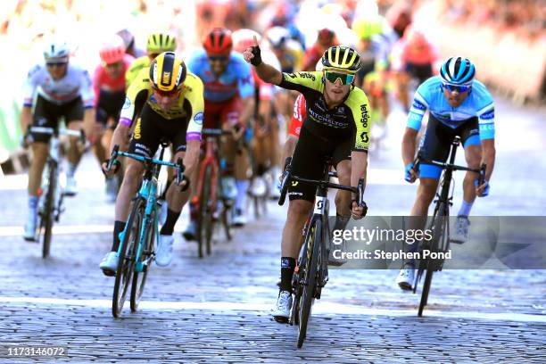 Arrival / Matteo Trentin of Italy and Team Mitchelton-SCOTT / Celebration / Jasper De Buyst of Belgium and Team Lotto Soudal / Mike Teunissen of The...