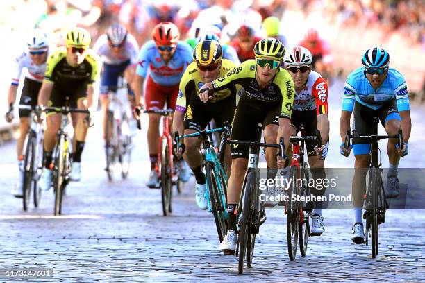 Arrival / Matteo Trentin of Italy and Team Mitchelton-SCOTT / Celebration / Jasper De Buyst of Belgium and Team Lotto Soudal / Mike Teunissen of The...