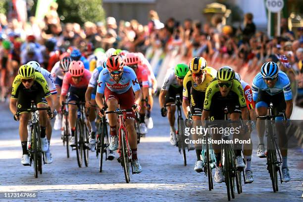 Sprint / Arrival / Matteo Trentin of Italy and Team Mitchelton-SCOTT / Jasper De Buyst of Belgium and Team Lotto Soudal / Mike Teunissen of The...