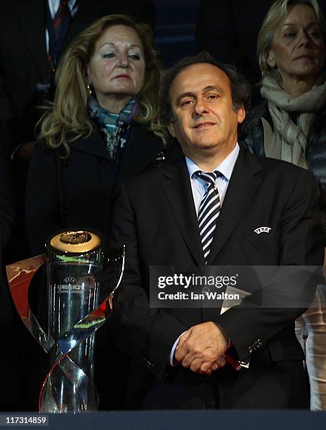 President Michel Platini looks on during their UEFA European Under-21 Championship Final match between Switzerland and Spain at the Aarhus stadium on...