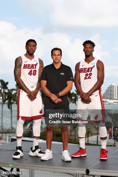 September 30: Udonis Haslem, Head Coach Erik Spoelstra, and Jimmy Butler of the Miami Heat pose for a portrait during the 2019 Media Day at American...