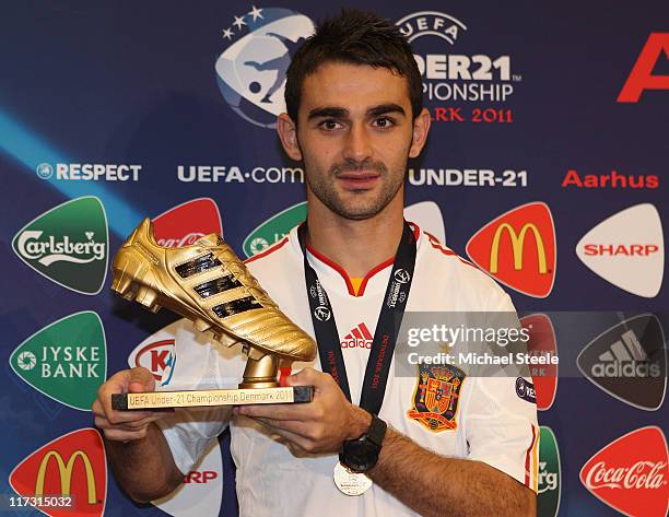 Adrian Lopez of Spain receives the golden boot after the UEFA European Under-21 Championship Final match between Spain and Switzerland at the Arhus...