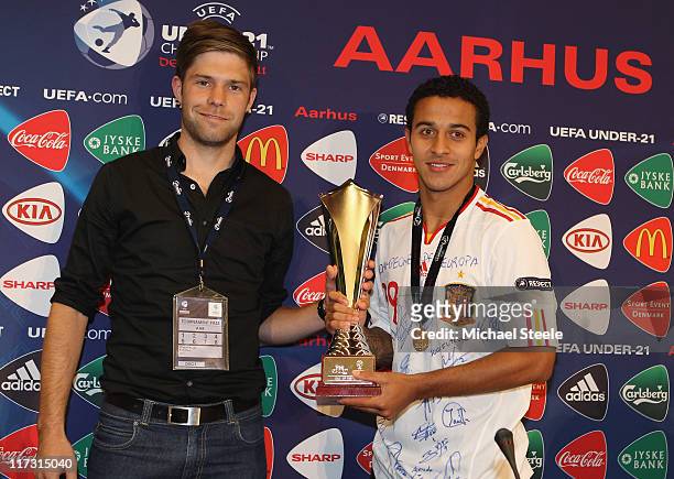 Thiago Alcantara of Spain receives theCarlsberg man of the match after the UEFA European Under-21 Championship Final match between Spain and...