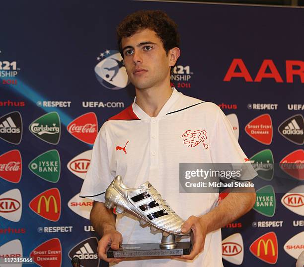 Admir Mehmedi of Switzerland receives the silver boot awardafter the UEFA European Under-21 Championship Final match between Spain and Switzerland at...