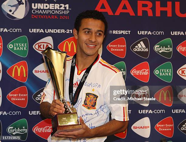 Thiago Alcantara of Spain poses with the Carlsberg man of the match after the UEFA European Under-21 Championship Final match between Spain and...