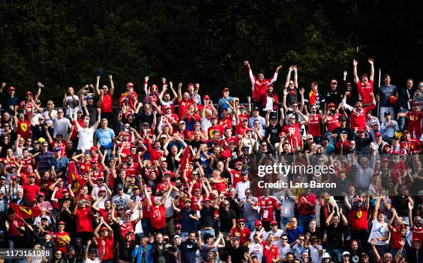 Ferrari fans celebrate during the F1 Grand Prix of Italy at Autodromo di Monza on September 08, 2019 in Monza, Italy.